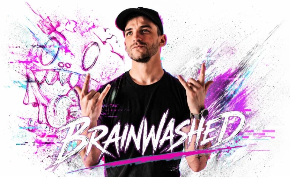 Promo artwork of DJ Brainwashed wearing a cap with a pink graffiti logo