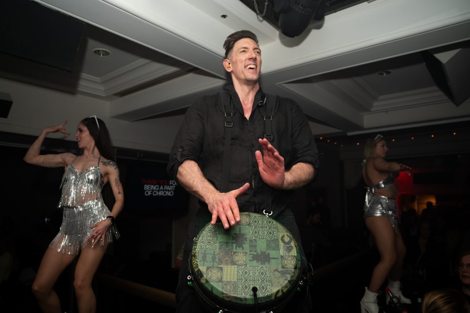 Sam Anderson playing live percussion at Chrono